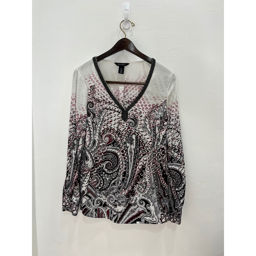 White‎ House Black Market Blouse Womens 8 White Paisley Good Beaded V-Neck Top